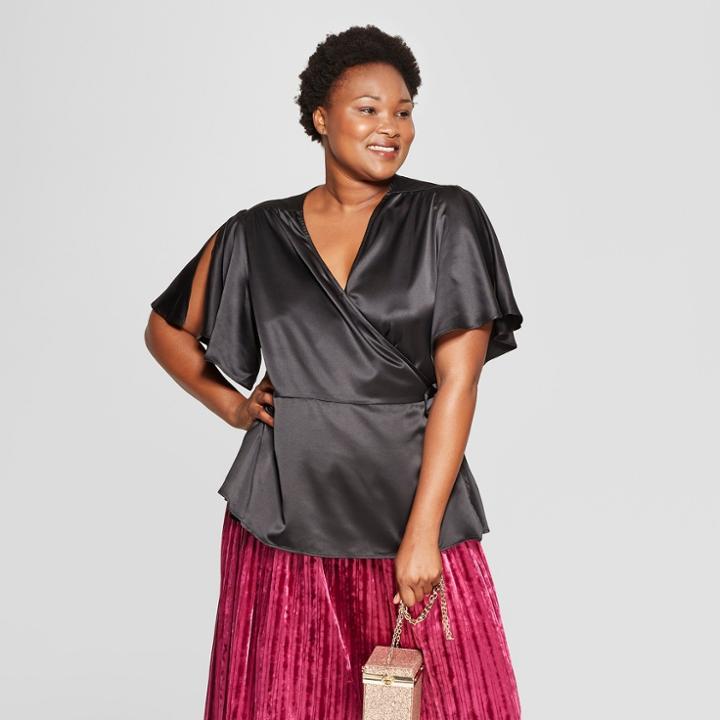Women's Plus Size Satin Wrap Short Sleeve Top - Ava & Viv Black