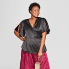 Women's Plus Size Satin Wrap Short Sleeve Top - Ava & Viv Black