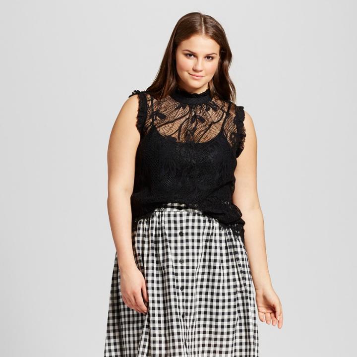 Women's Plus Size Ruffle Neck Lace Shell - Who What Wear Black X