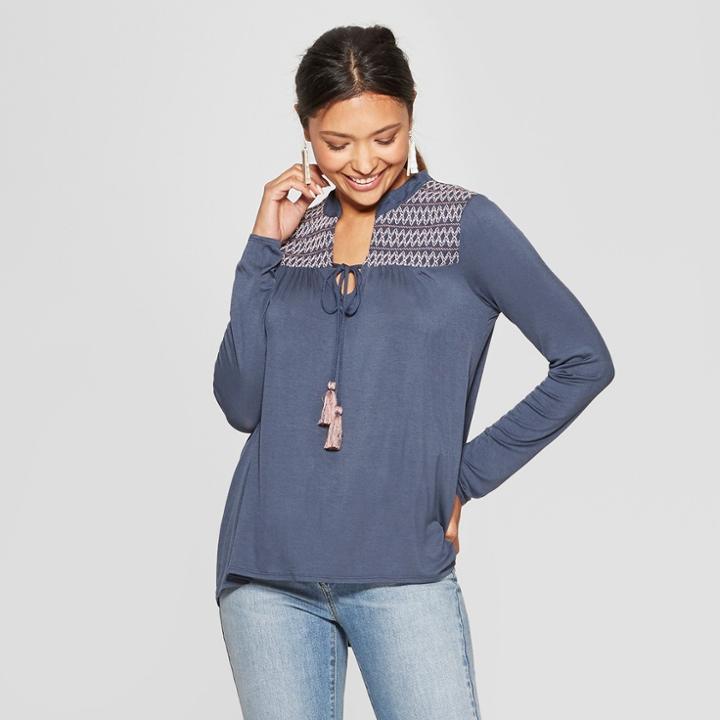 Women's Long Sleeve Smocked Yoke Tassel Blouse - Knox Rose Blue