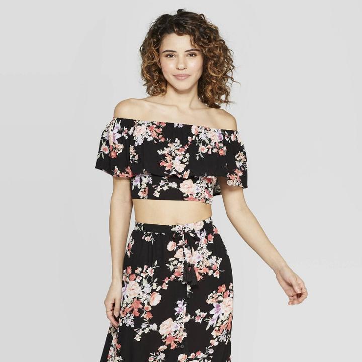 Women's Floral Print Off The Shoulder Flounce Cropped Top - Xhilaration Black/blush
