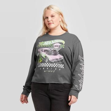 Women's Hot Wheels Plus Size Long Sleeve Cropped T-shirt - Mattel (juniors') - Dark Gray 1x, Women's, Size: