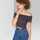 Women's Floral Print Short Sleeve Off The Shoulder Smocked Top - Wild Fable Black