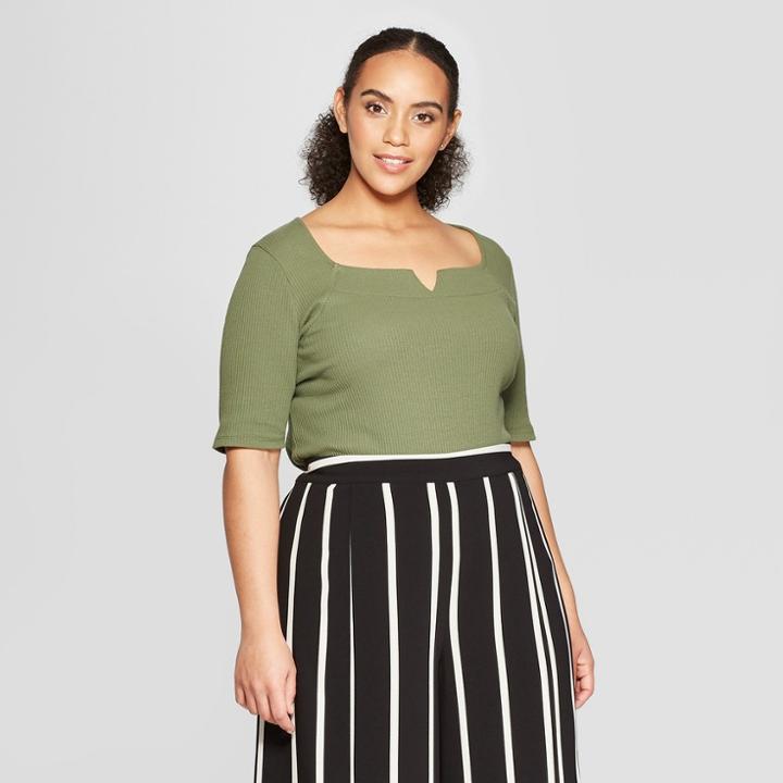 Women's Plus Size Elbow Sleeve Boat Neck Knotched Rib Top - Who What Wear Green X