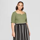 Women's Plus Size Elbow Sleeve Boat Neck Knotched Rib Top - Who What Wear Green X