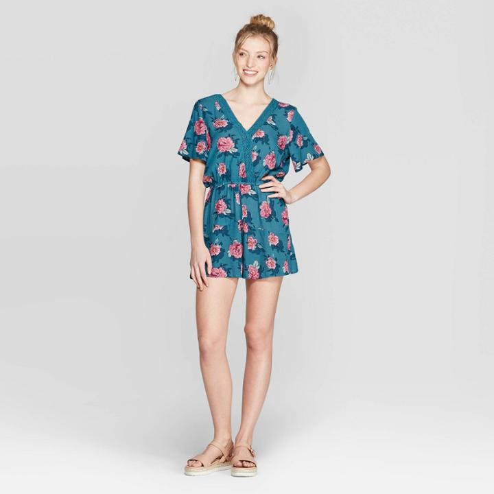 Women's Floral Print Short Sleeve Deep V-neck Lace Trim Wrap Romper - Xhilaration Teal (blue)