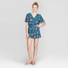Women's Floral Print Short Sleeve Deep V-neck Lace Trim Wrap Romper - Xhilaration Teal (blue)