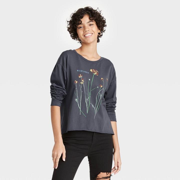 Grayson Threads Women's Wildflower Long Sleeve Graphic T-shirt - Charcoal Gray