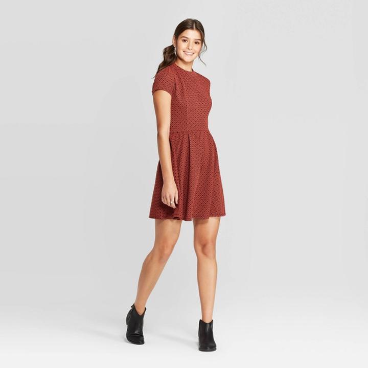 Petitewomen's Short Sleeve Mock Turtleneck Knit Mini Dress - Xhilaration Rust Xs, Women's, Red