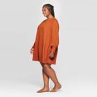 Women's Plus Size Long Sleeve V-neck Printed Dress - A New Day Rust 3x,
