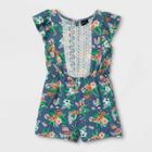 Toddler Girls' Tropical Floral Lace Ruffle Short Sleeve Romper - Art Class Dark Blue