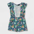 Toddler Girls' Tropical Floral Lace Ruffle Short Sleeve Romper - Art Class Dark Blue