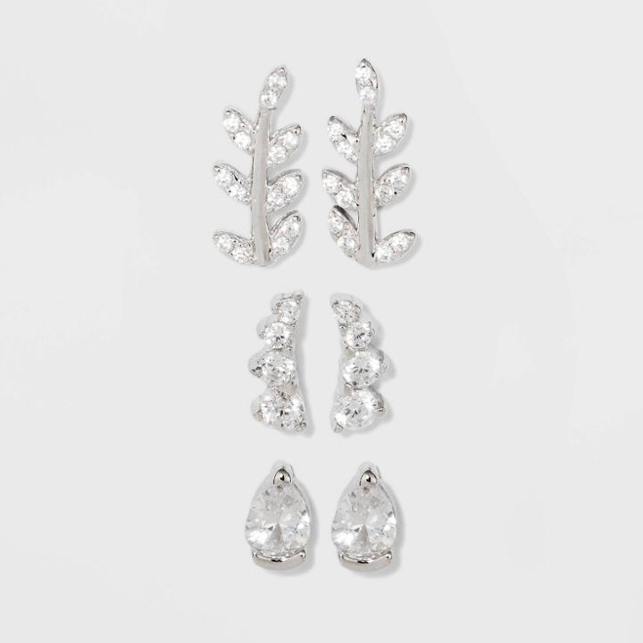 Sterling Cubic Zirconia Leaf, Crawler And Teardrop Earring Set - A New Day Silver, Women's