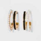 Faux Duo Enamel And Pearl Huggie Hoop Earrings - A New Day Black