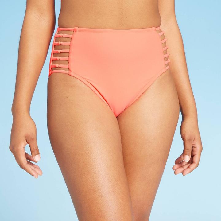 Women's Knoted Strappy Side High Waist Hipster Bikini Bottom - Shade & Shore Bright Melon Xs, Women's, Pink