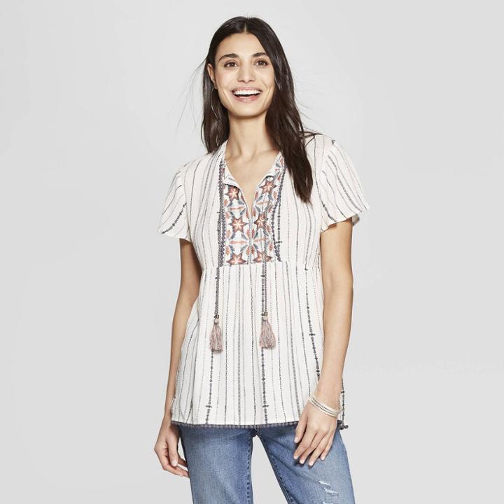 Women's Striped Short Sleeve V-neck Top - Knox Rose White