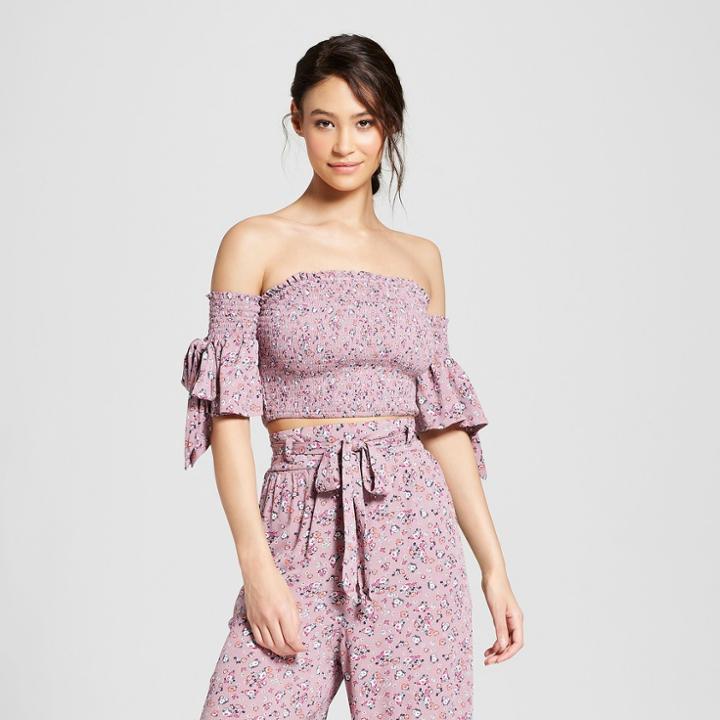 Women's Floral Print Off The Shoulder Smocked Crop Top - Xhilaration Lavender (purple)