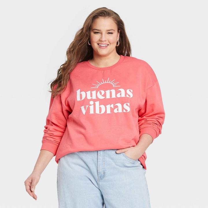 Iml Women's Plus Size Buenas Vibras Graphic Sweatshirt - Coral