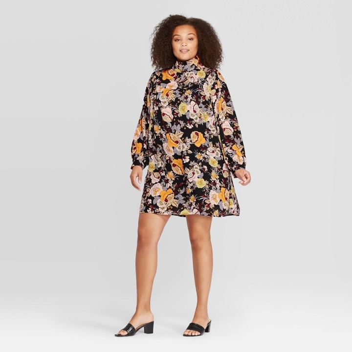 Women's Plus Size Floral Print Long Sleeve Mock Turtleneck Mini Dress - Who What Wear Midnight Black 1x, Women's,