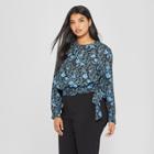 Women's Plus Size Floral Print Long Sleeve Drapey Tie Blouse - Who What Wear Blue/black 4x, Blue/black Floral