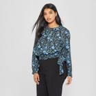 Women's Plus Size Floral Print Long Sleeve Drapey Tie Blouse - Who What Wear Blue/black 4x, Blue/black Floral