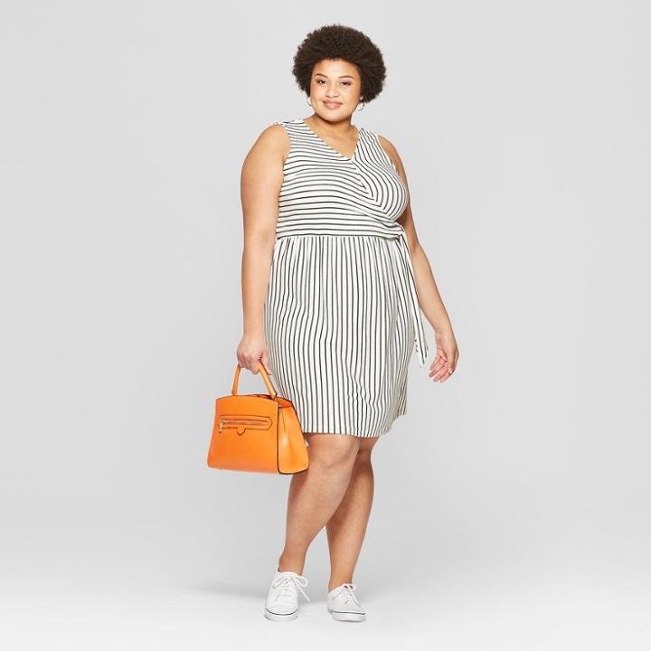 Women's Plus Size Striped Sleeveless V-neck Knit Tie Detail Dress - Ava & Viv Black/white