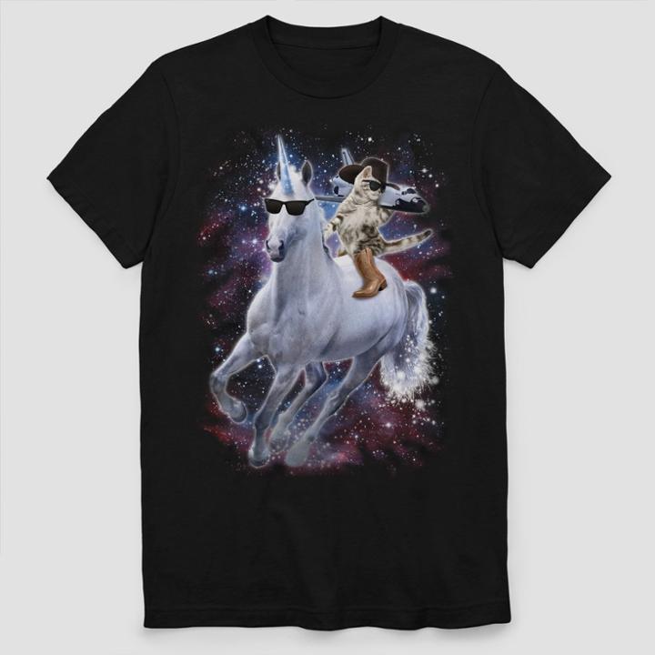 Fifth Sun Men's Short Sleeve Unicorn Riding Cowboy Space T-shirt - Black