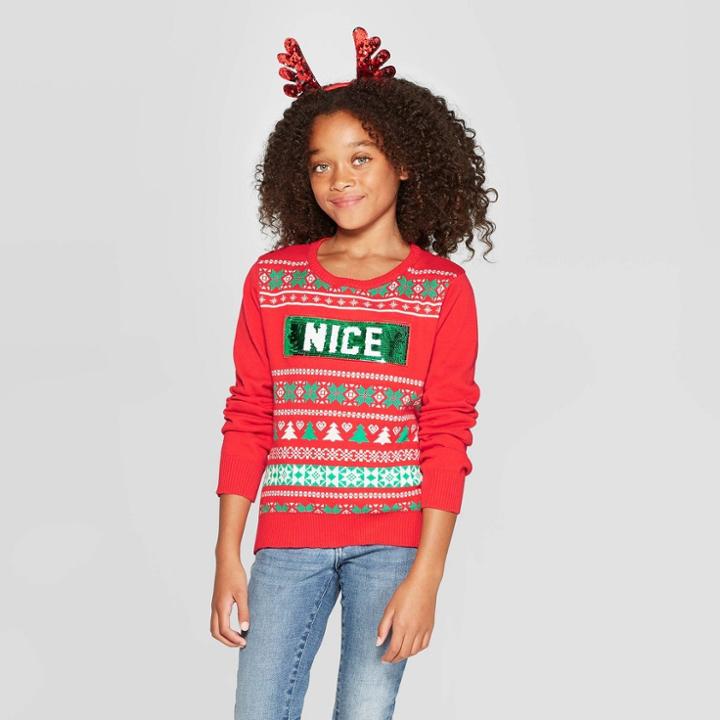 Well Worn Girls' Naughty Or Nice Ugly Christmas Sweater - Red L, Girl's,