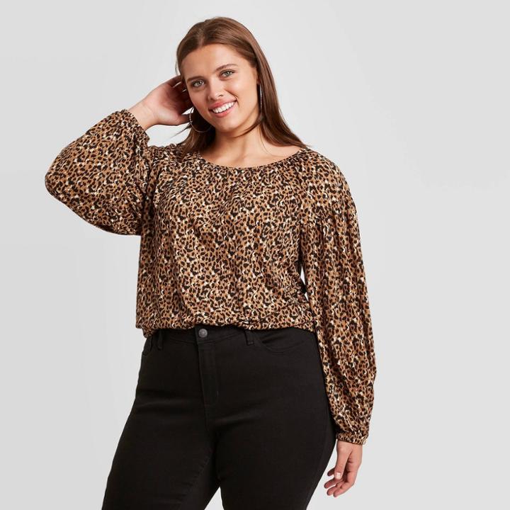 Women's Plus Size Animal Print Long Sleeve Knit Top - Ava & Viv Brown X