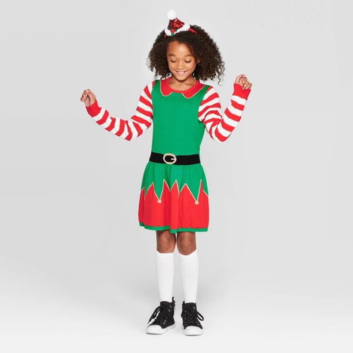 Well Worn Girls' Christmas Elf Dress - Green L, Girl's,