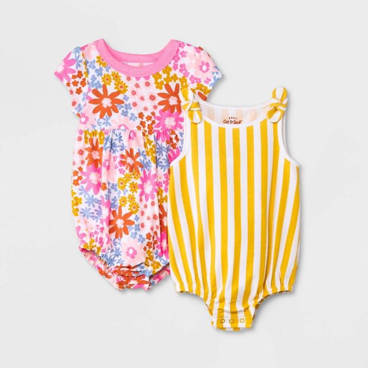 Baby Girls' 2pk Floral Striped Romper - Cat & Jack 6-9m, Blue/pink/white
