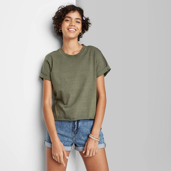 Women's Short Sleeve Rolled Round Neck Cuff Boxy T-shirt - Wild Fable Olive Green