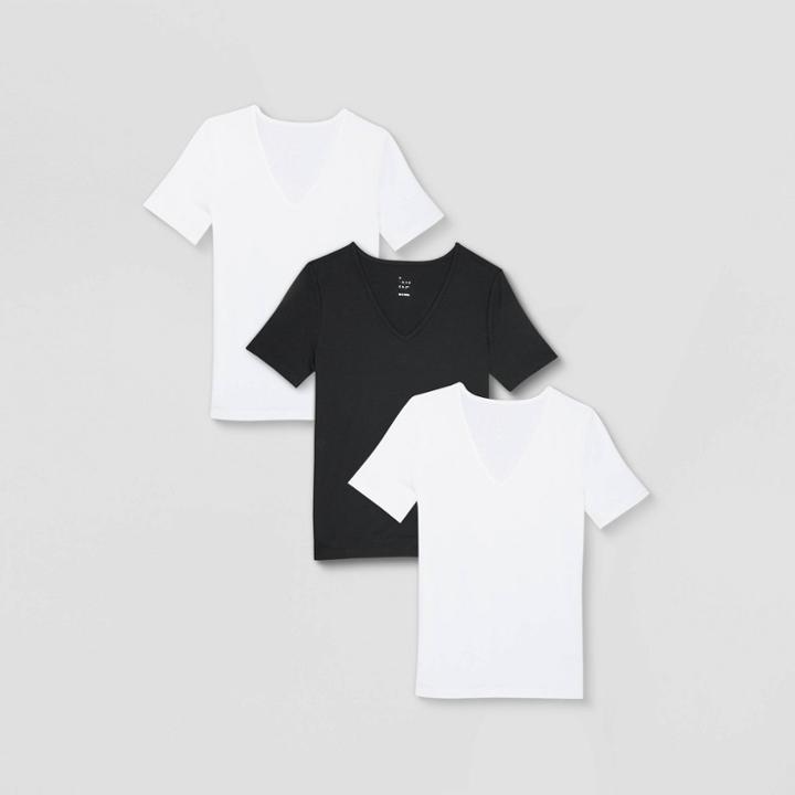 Women's 3pk Short Sleeve V-neck Fitted T-shirt - A New Day White/black