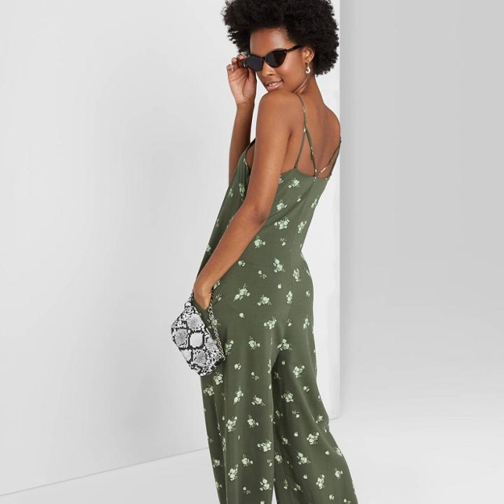 Women's Floral Print Sleeveless Square Neck Strappy Waistless Jumpsuit - Wild Fable Olive Green
