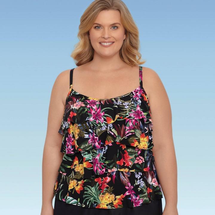 Women's Plus Size Slimming Control Tiered Tankini Top - Dreamsuit By Miracle Brands Black Floral