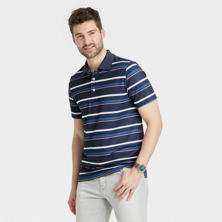 Men's Striped Short Sleeve Performance Polo Shirt - Goodfellow & Co Xavier Navy