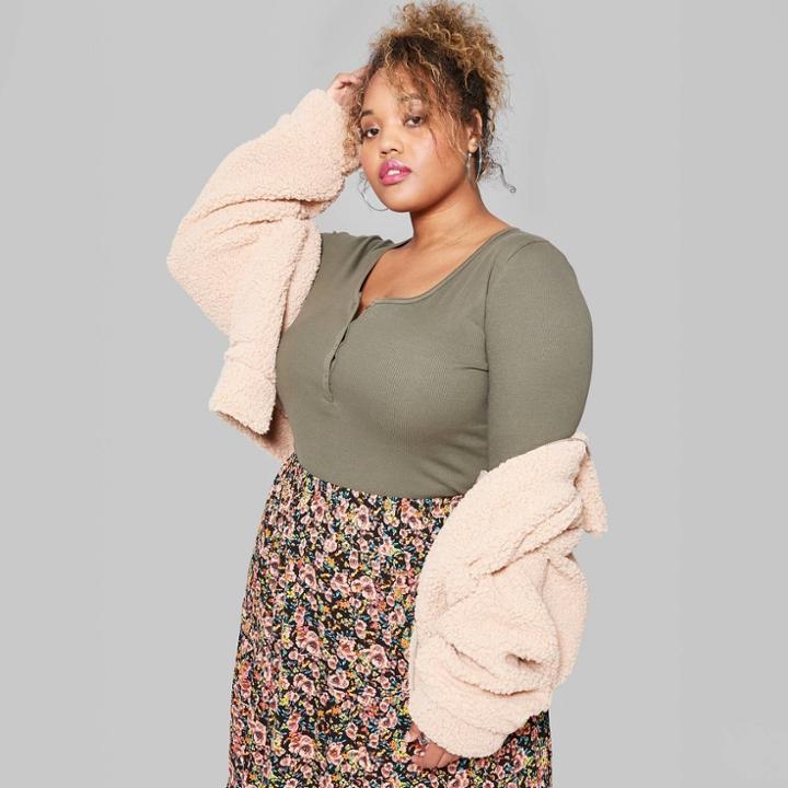 Women's Plus Size Long Sleeve Henley T-shirt - Wild Fable Olive 2x, Size:
