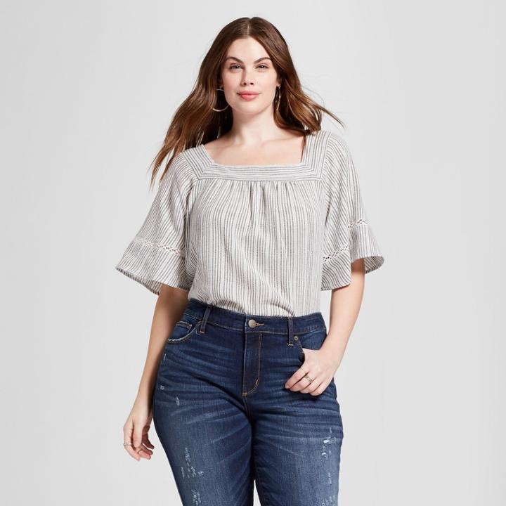 Women's Plus Size Striped Ruffle Sleeve Top - Universal Thread Blue