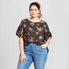 Women's Plus Size Floral Print Knit T-shirt With Ruffle Sleeve - Xhilaration Black X