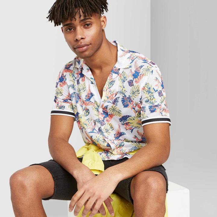 Men's Printed Short Sleeve Button-down Camp Shirt - Original Use White S, Men's,