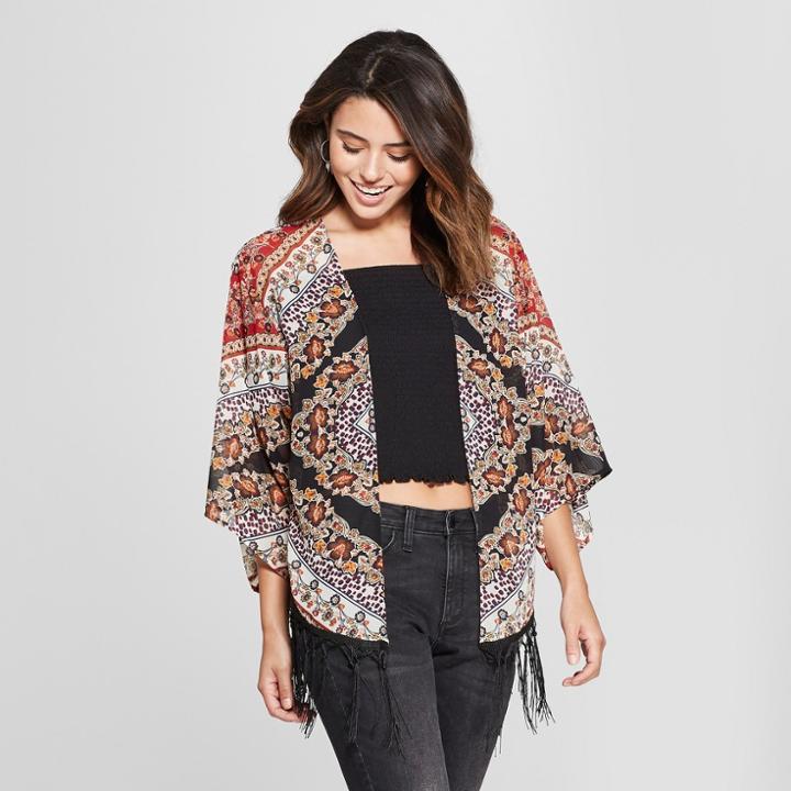 Women's Sheer Floral Print Kimono With Fringe - Xhilaration Off White