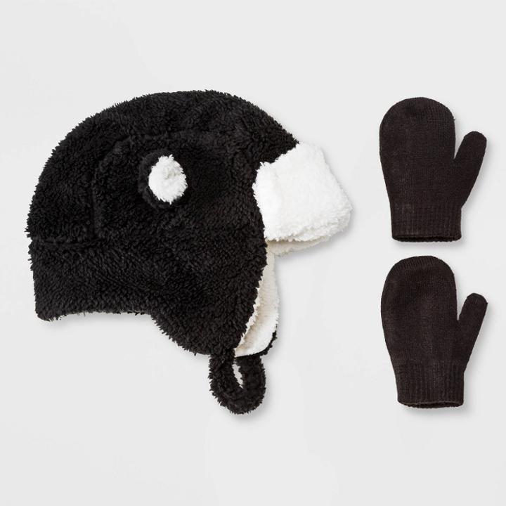 Toddler Boys' Sherpa Ears Trapper & Magic Mittens Set - Cat & Jack Black 2t-5t, Toddler Boy's