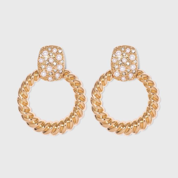 Rope Texture Pave Pearl Drop Hoop Earrings - A New Day Gold