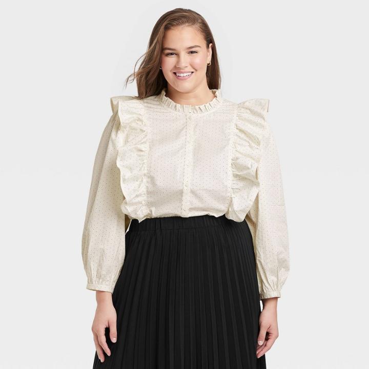 Women's Plus Size Ruffle Long Sleeve Blouse - A New Day Cream Polka Dot 1x, Ivory Polka