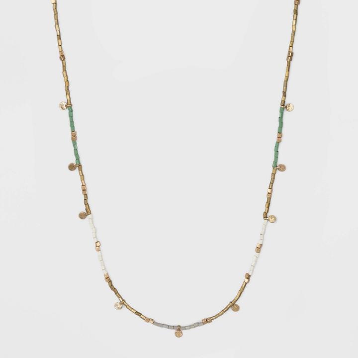 Color Blocked Seed Beaded And Disc Station Necklace - Universal Thread Green