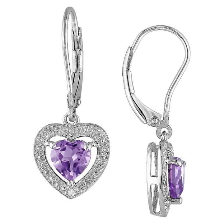 No Brand 1.6 Ct. T.w. Amethyst And .005 Ct. T.w. Diamond Heart Shaped Leverback Earrings In Sterling Silver - Amethyst, Purple/silver