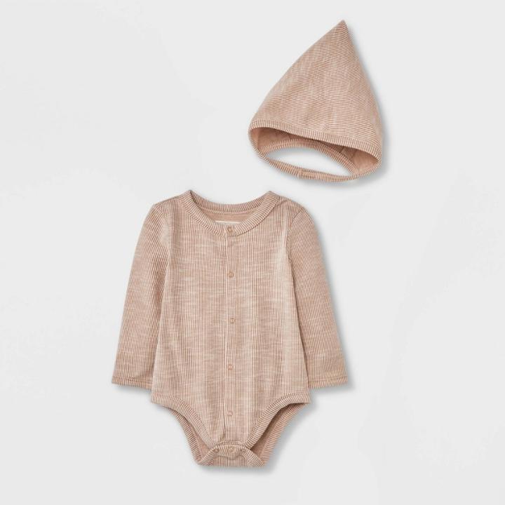 Grayson Collective Baby Gauze Bubble Long Sleeve Romper Set - Light Brown Newborn