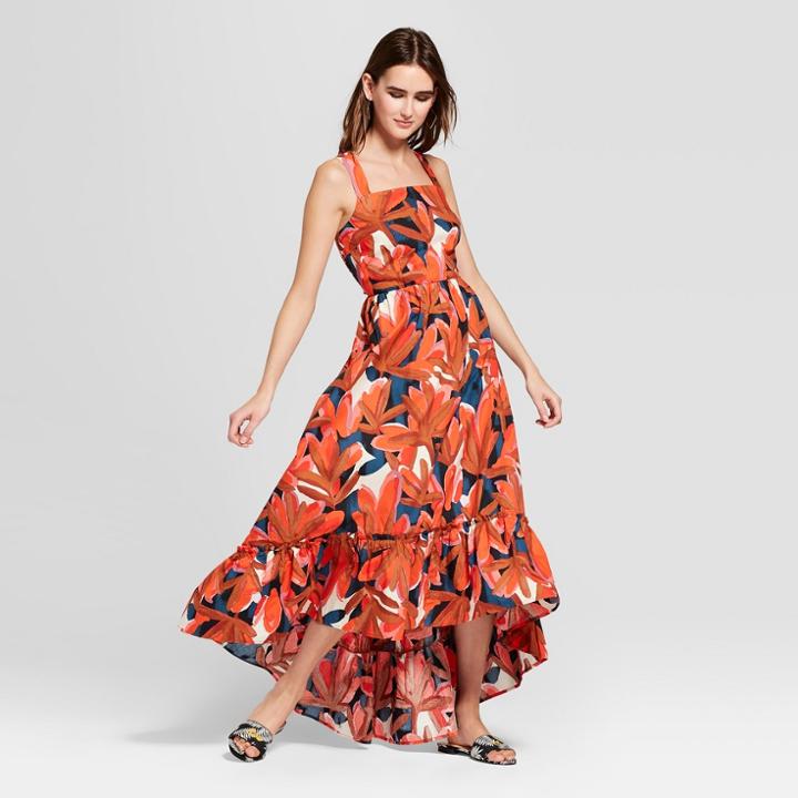 Women's Tropical Print Sleeveless Ruffle Hem Maxi Tank Dress - Who What Wear Orange/blue Xs, Orange/blue Tropical Print