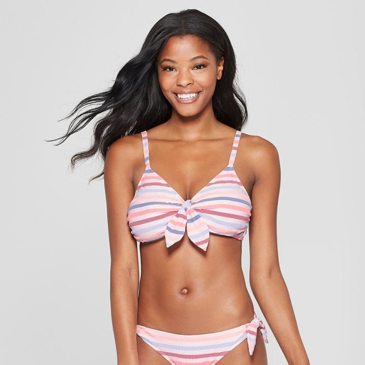 Women's Seersucker Tie Front Bralette Bikini Top - Xhilaration Multi Stripe D/dd Cup,
