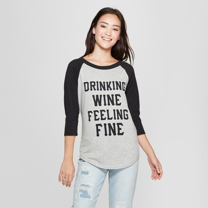 Women's 3/4 Sleeve Drinking Wine Feeling Fine Raglan Graphic T-shirt - Freeze Gray/black